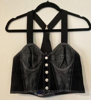 Vintage Beyond Leather Black Leather Biker Bralette Crop Top Bustier Sz Small (K